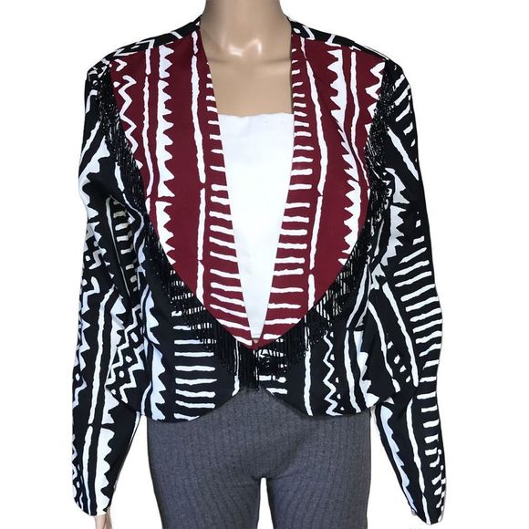 Vintage 90s red black & white crop bead tassel jacket mod size L - Picture 2 of 6